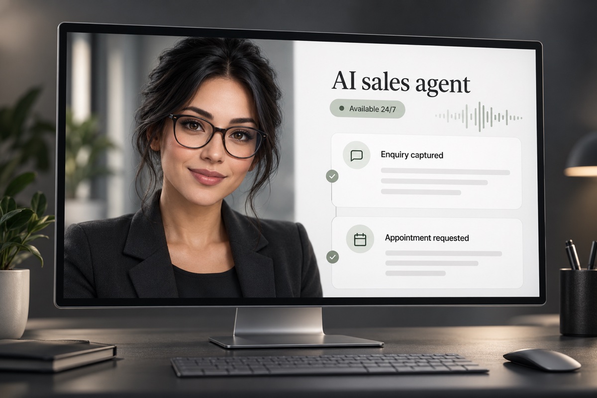 Illustrative AI receptionist interface with voice, captured enquiry and appointment request