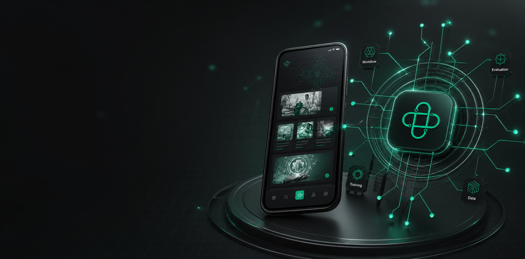 CareFlow AI healthcare platform presented as a connected emerald product system