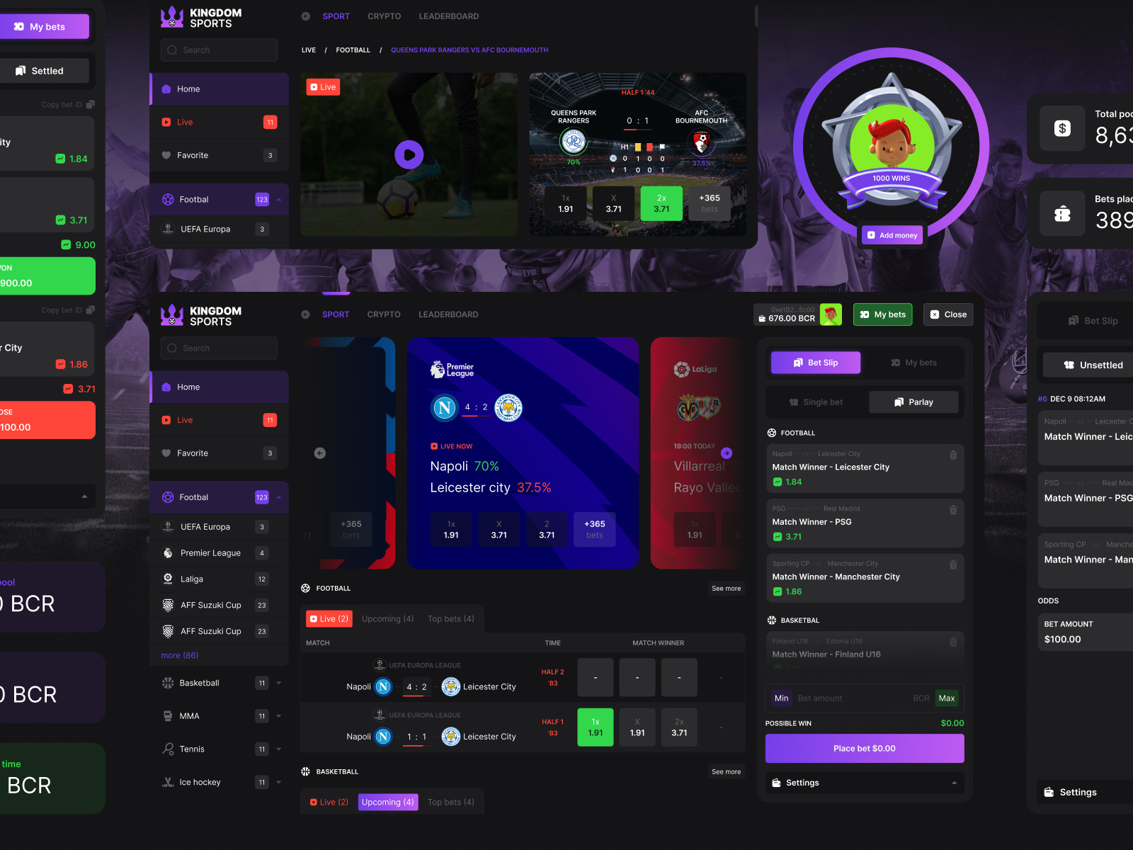 Kingdom Sports desktop betting application showing live markets, odds and bet-slip states