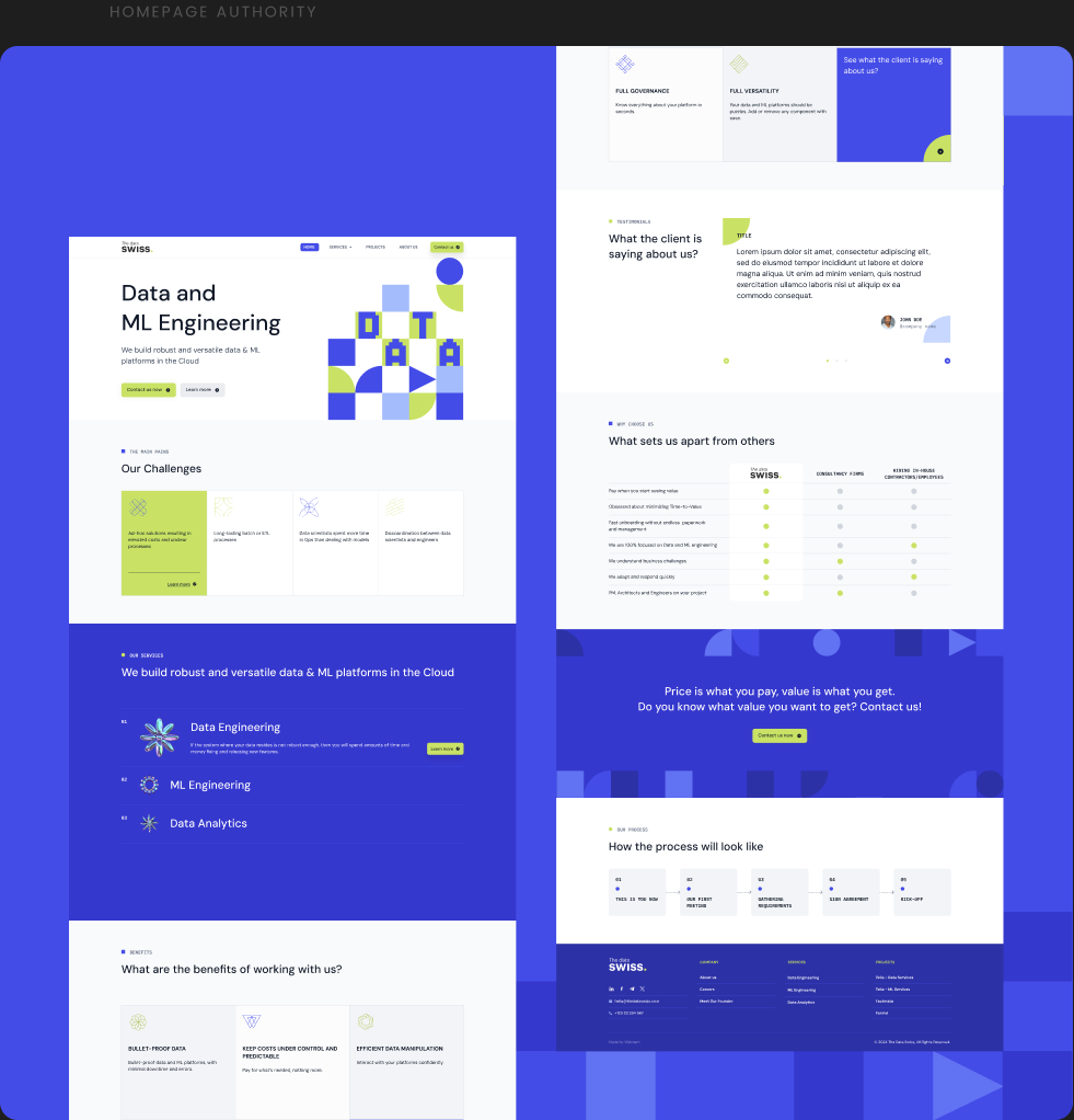 Final Data Swiss homepage authority section and modular interface
