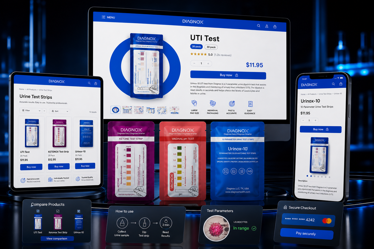 Diagnox responsive ecommerce system with product-detail shopping, diagnostic packs, product comparison, test guidance and checkout