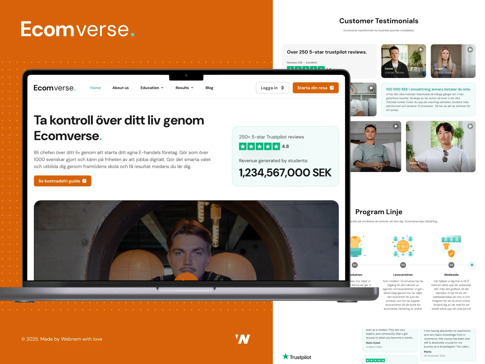 Ecomverse homepage, testimonial system and learning program interface
