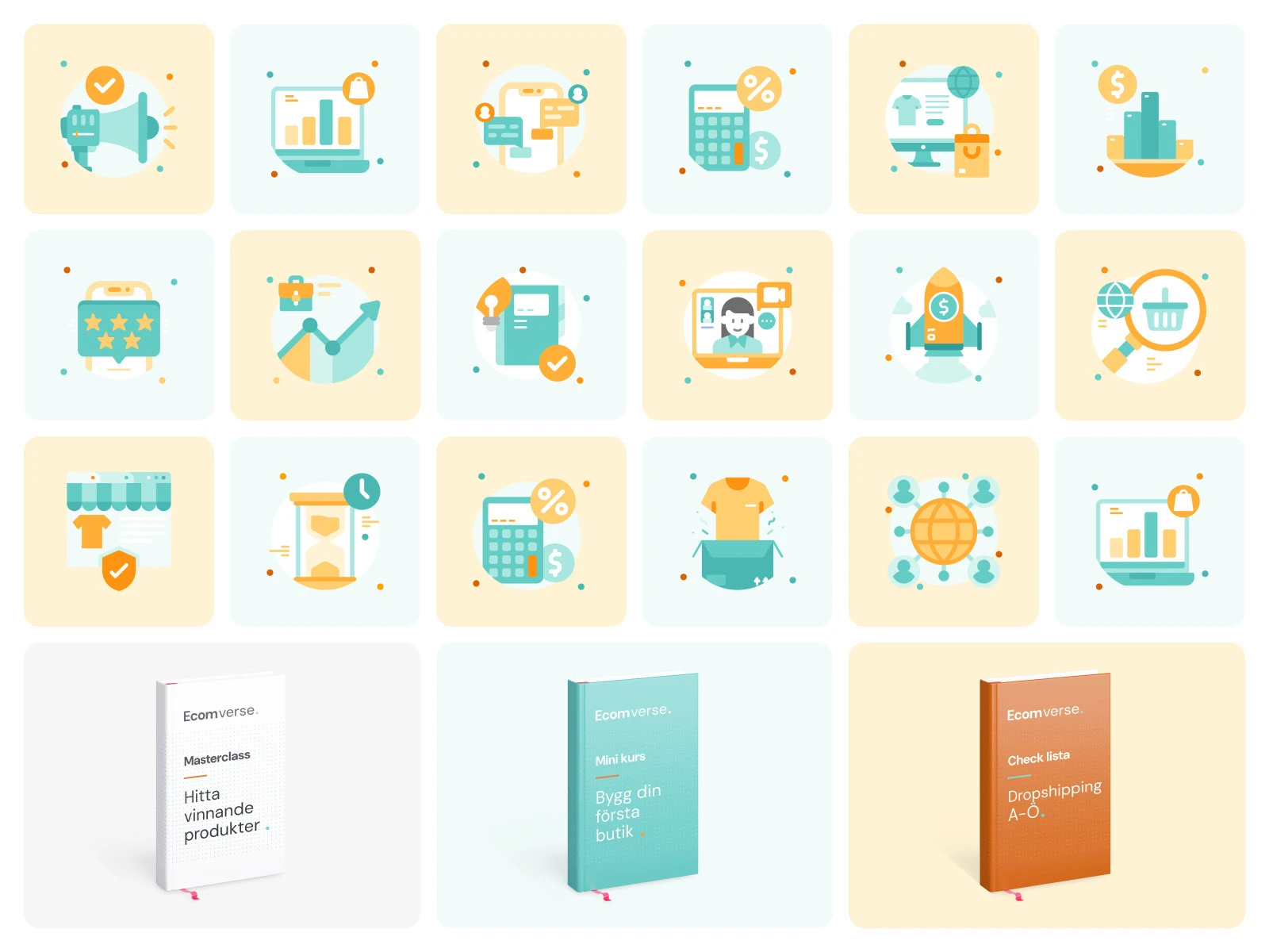 Ecomverse custom e-commerce illustrations and three branded lead-magnet books