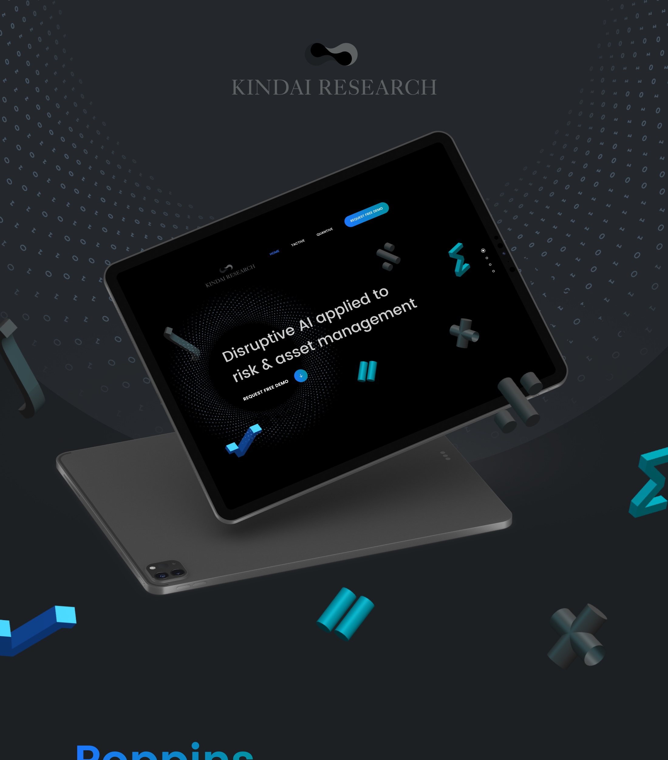 Kindai Research website presented on a tablet with the binary data field and mathematical objects