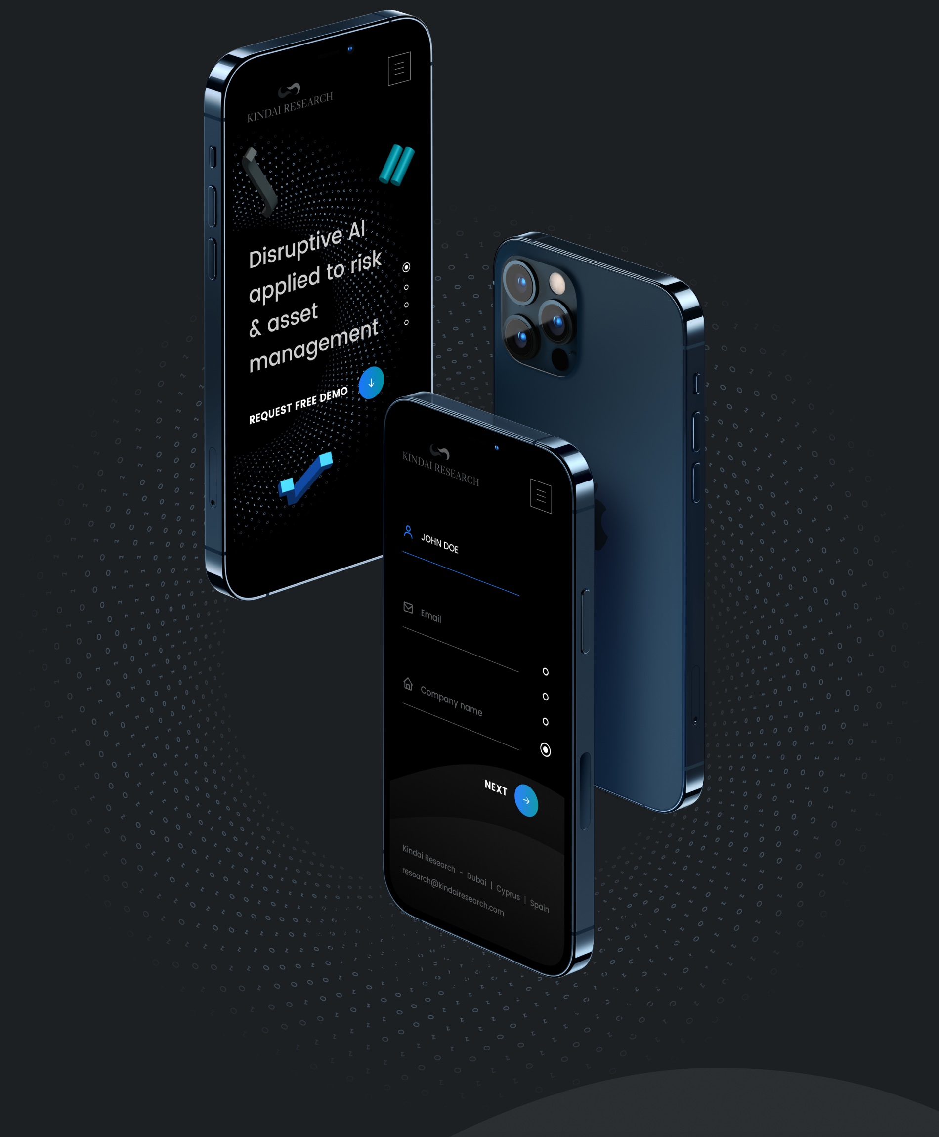 Kindai Research responsive mobile website and demo form shown across three phones