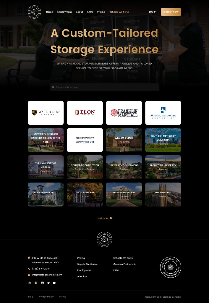 Redesigned Storage Scholars schools we serve page with search and campus cards