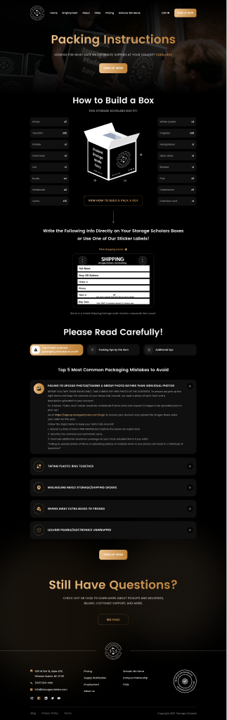Storage Scholars packing instructions page with box guide and common mistakes