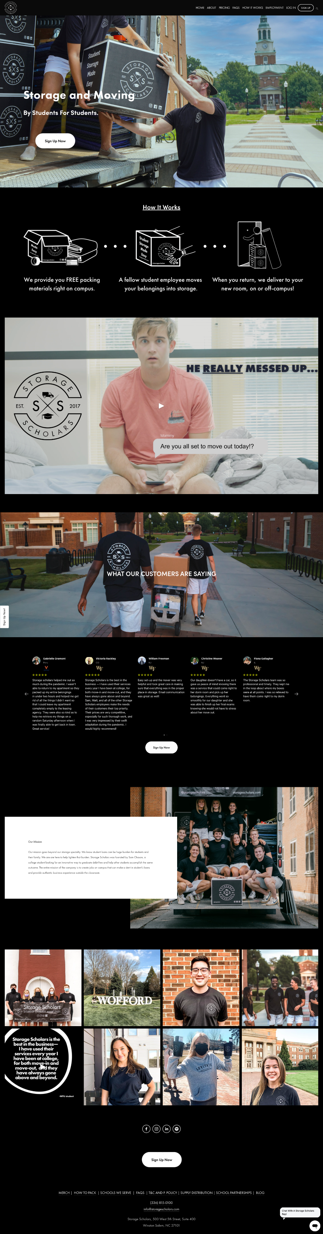 Original Storage Scholars homepage with fragmented hierarchy and inconsistent section patterns