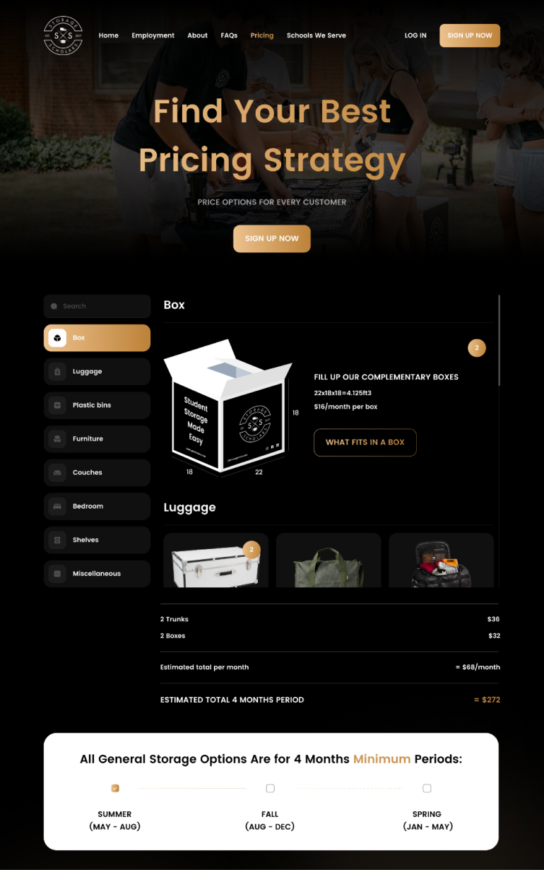 Redesigned Storage Scholars interactive pricing calculator