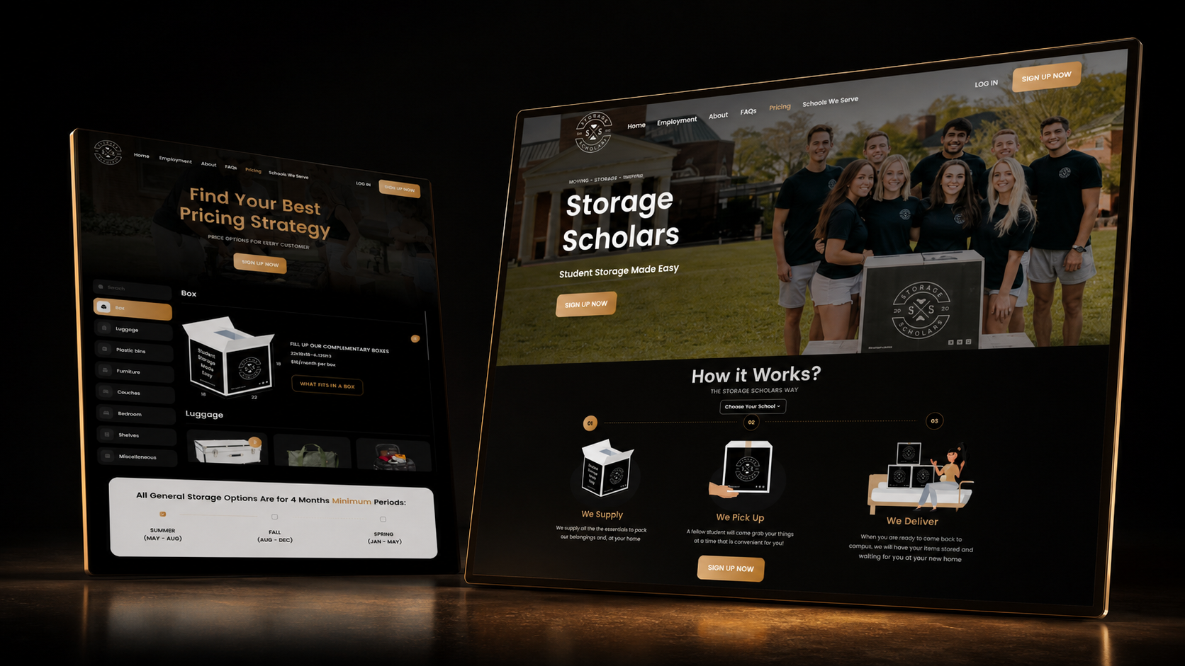 Storage Scholars website and pricing experience presented in a cinematic black and gold composition