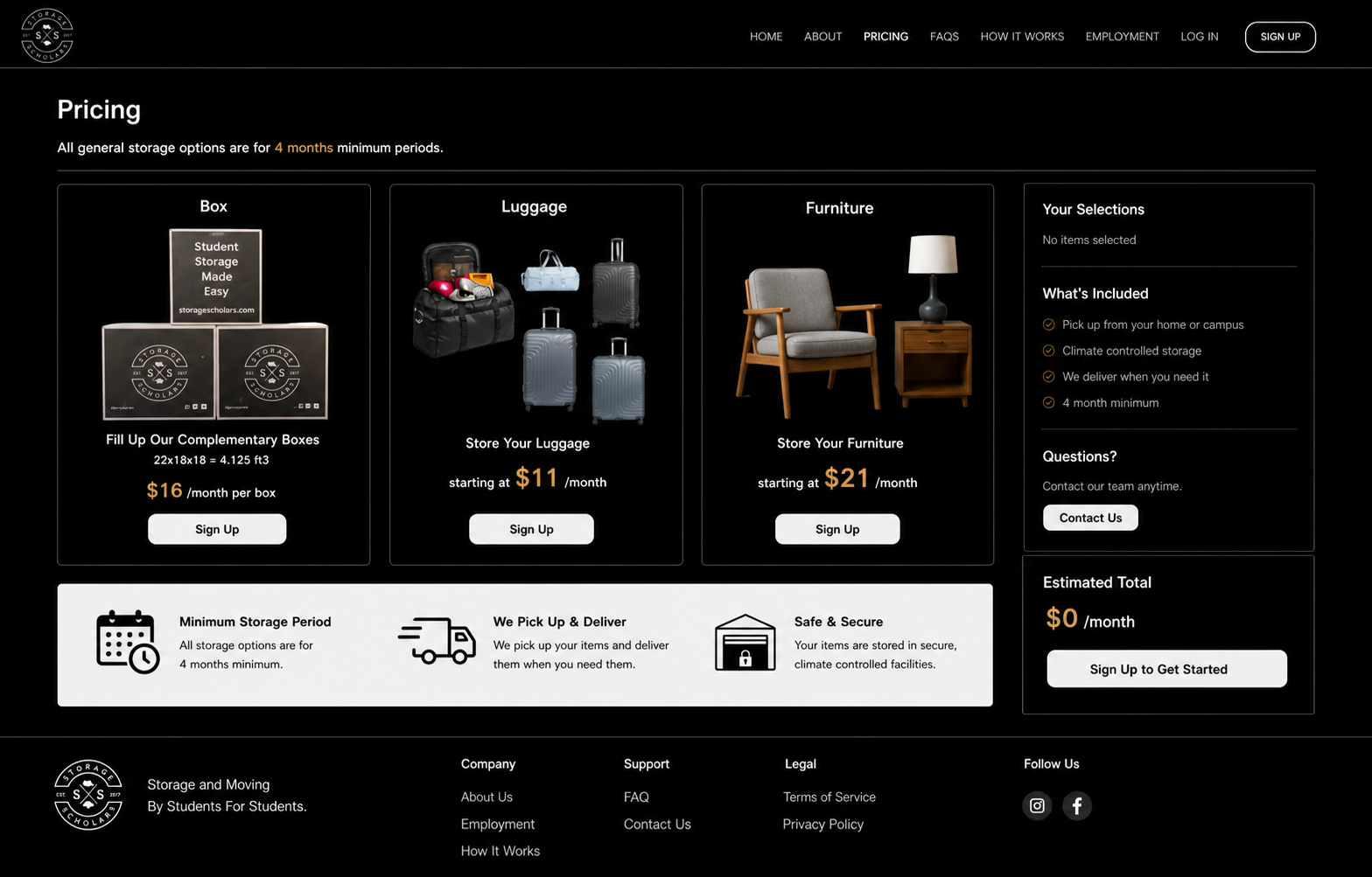 Reconstructed legacy Storage Scholars pricing page with static category cards and scattered actions