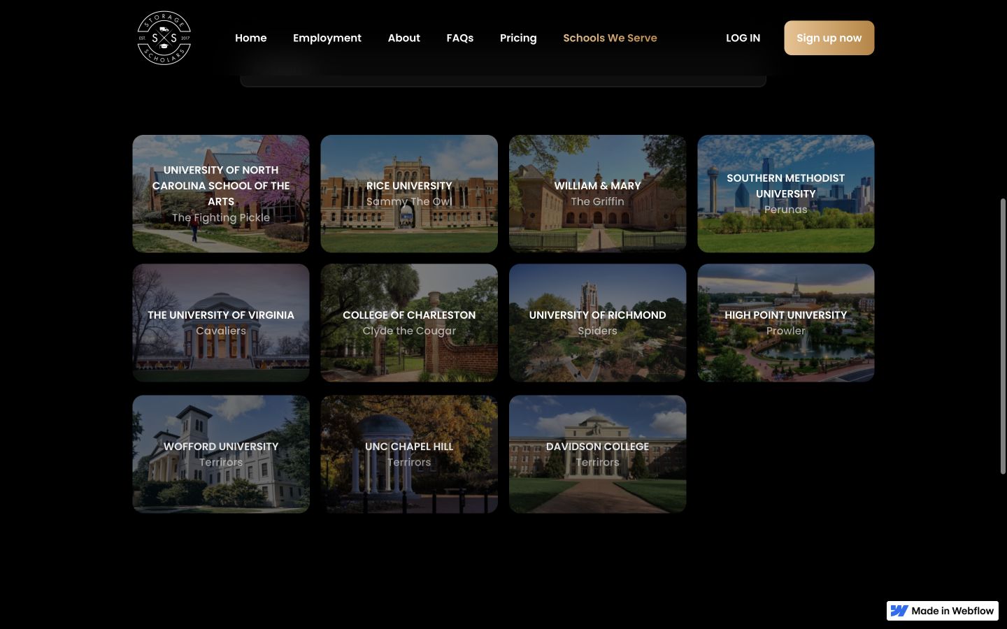Published Storage Scholars campus directory showing a grid of supported universities