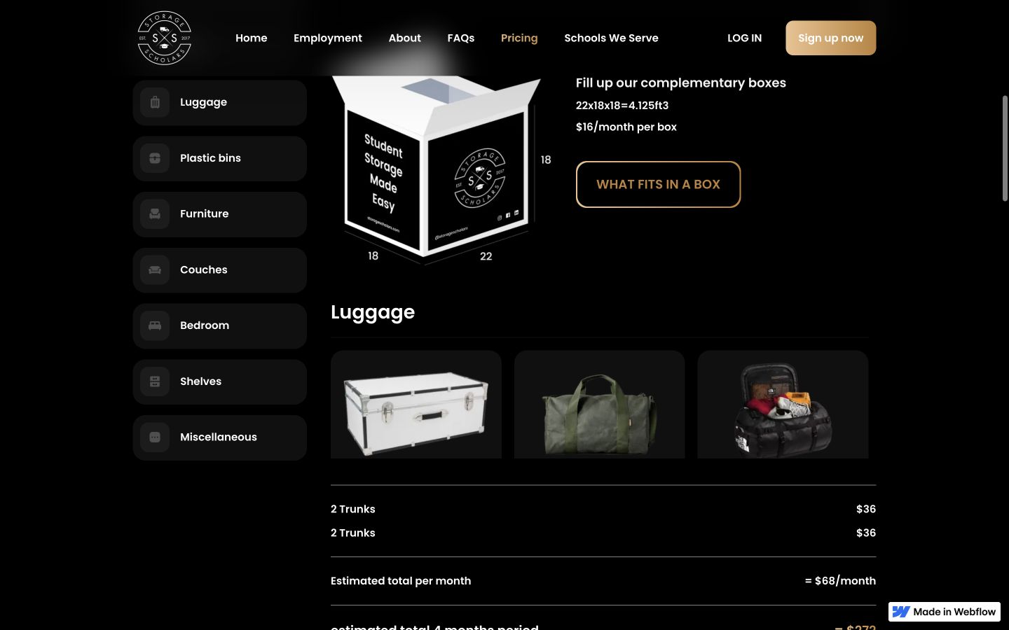 Published Storage Scholars pricing estimator showing item categories, quantities and a running estimate