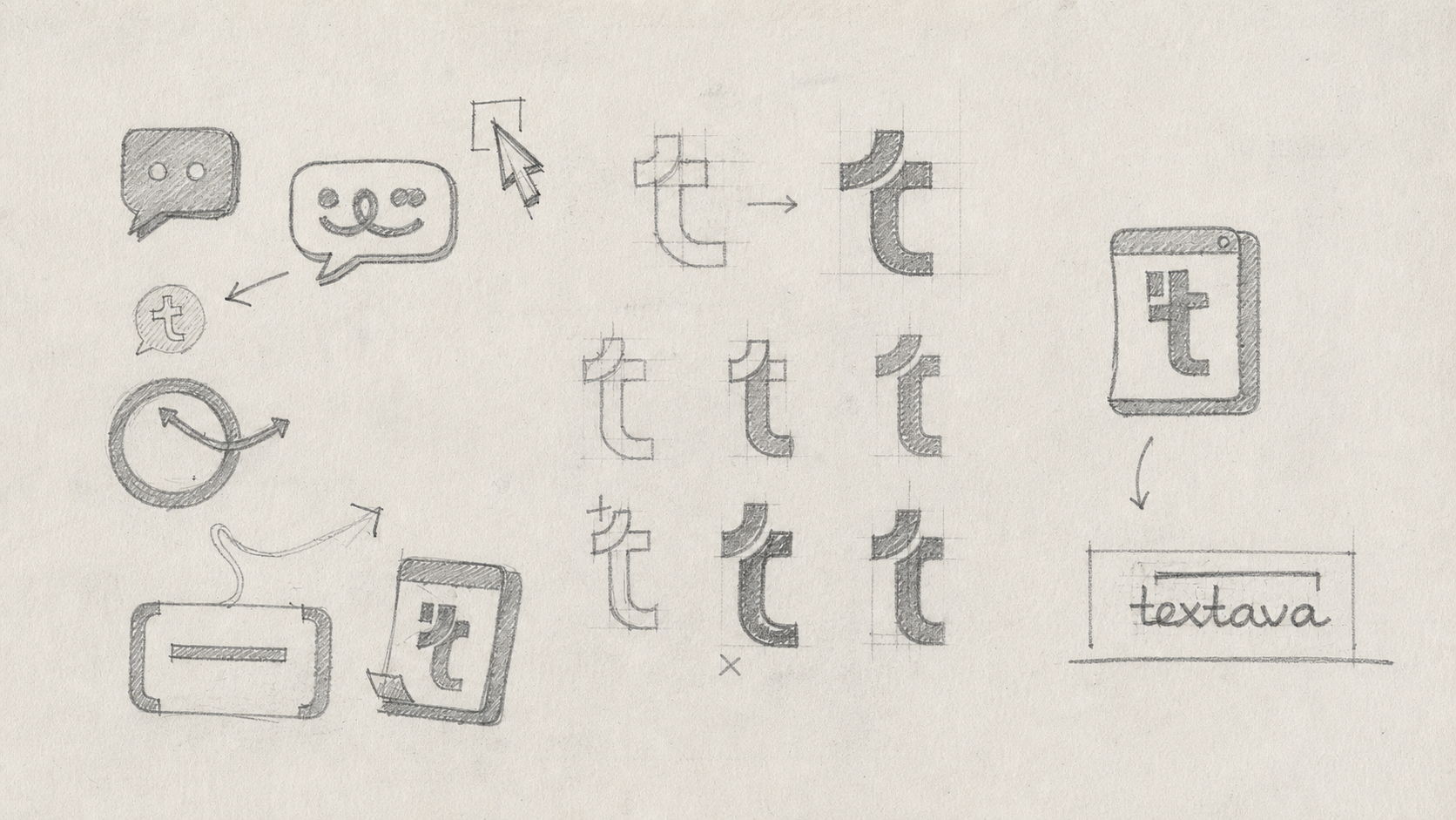 Wide pencil sketch sheet showing the evolution of Textava communication symbols and lowercase t logo concept