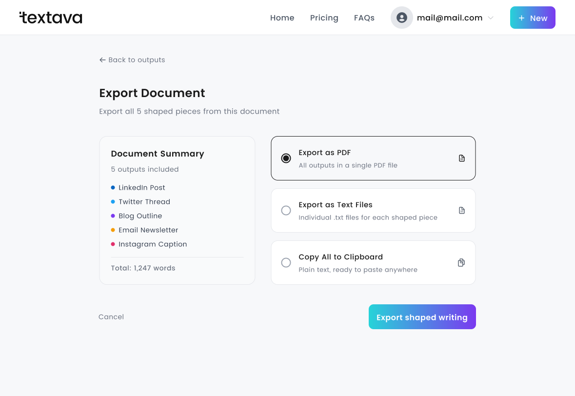 Textava export screen with PDF, text file and clipboard options
