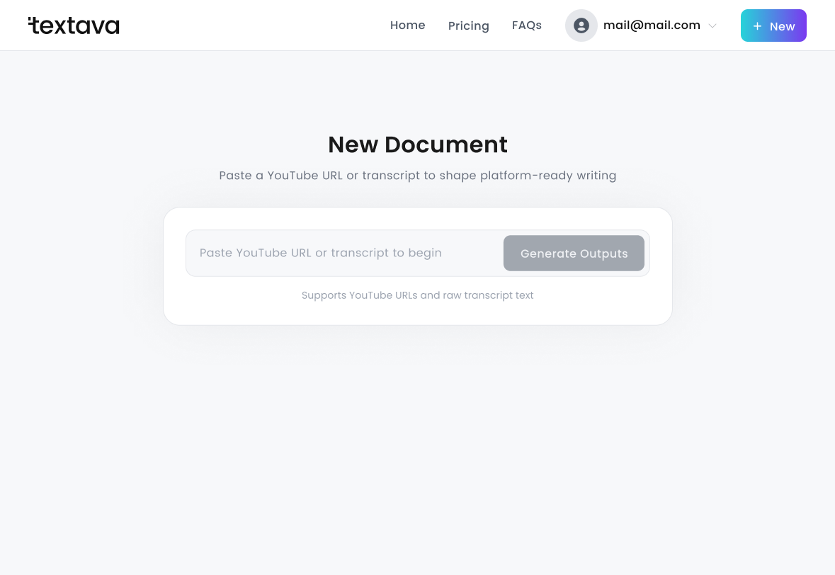Textava new document screen with a single transcript or YouTube input
