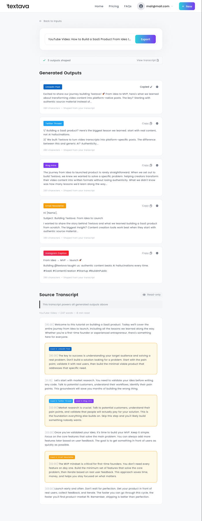 Textava generated-output review workspace with channel-specific writing and connected source transcript