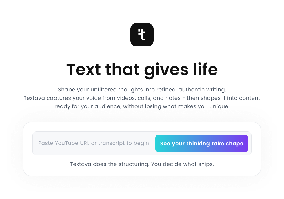 Textava landing page hero with transcript input and product promise