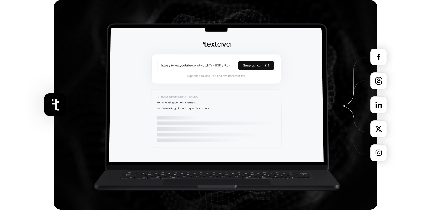 Textava landing page product demonstration showing transcript processing into channel-specific outputs