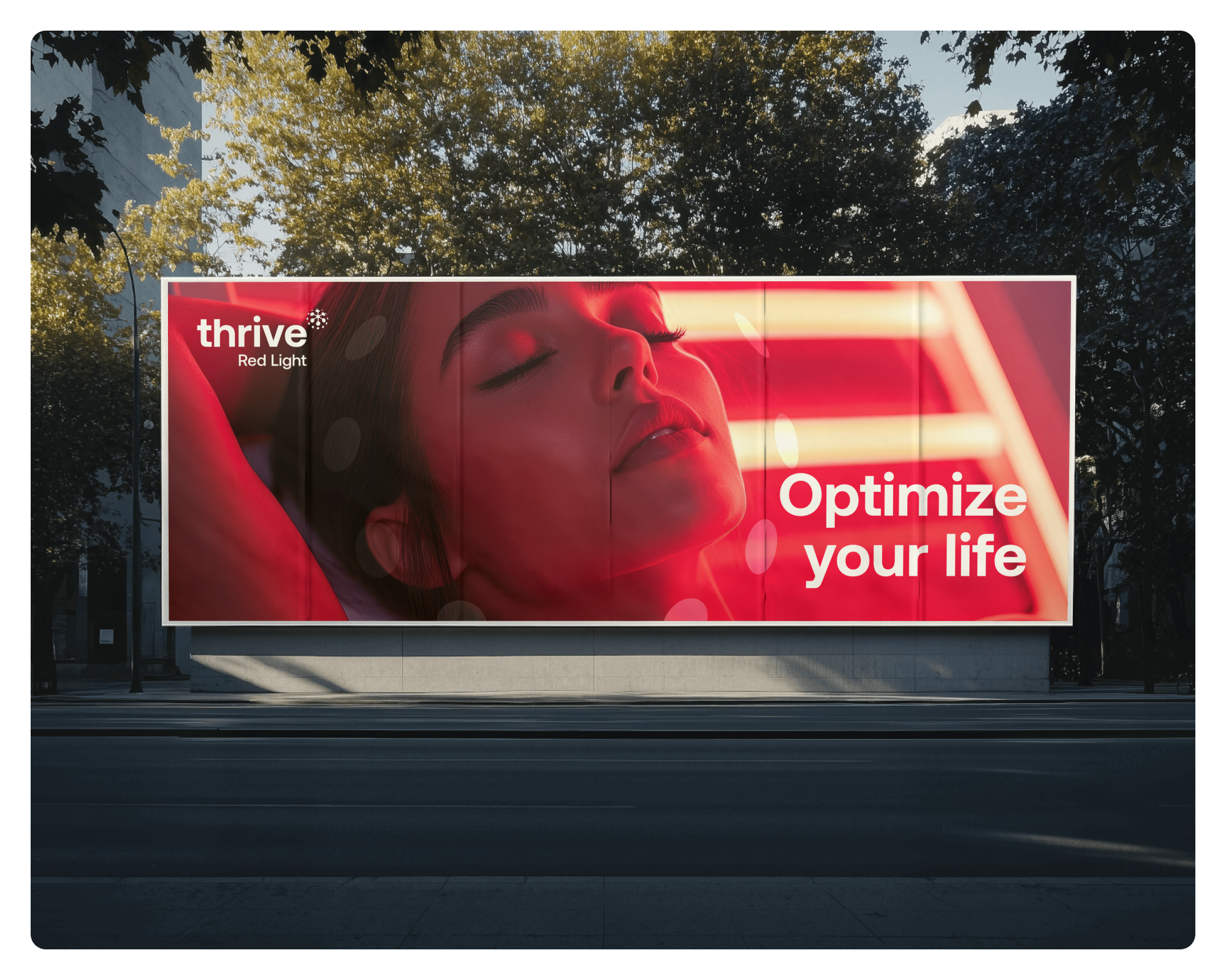 Original Thrive Red Light billboard mockup featuring the campaign headline Optimize your life