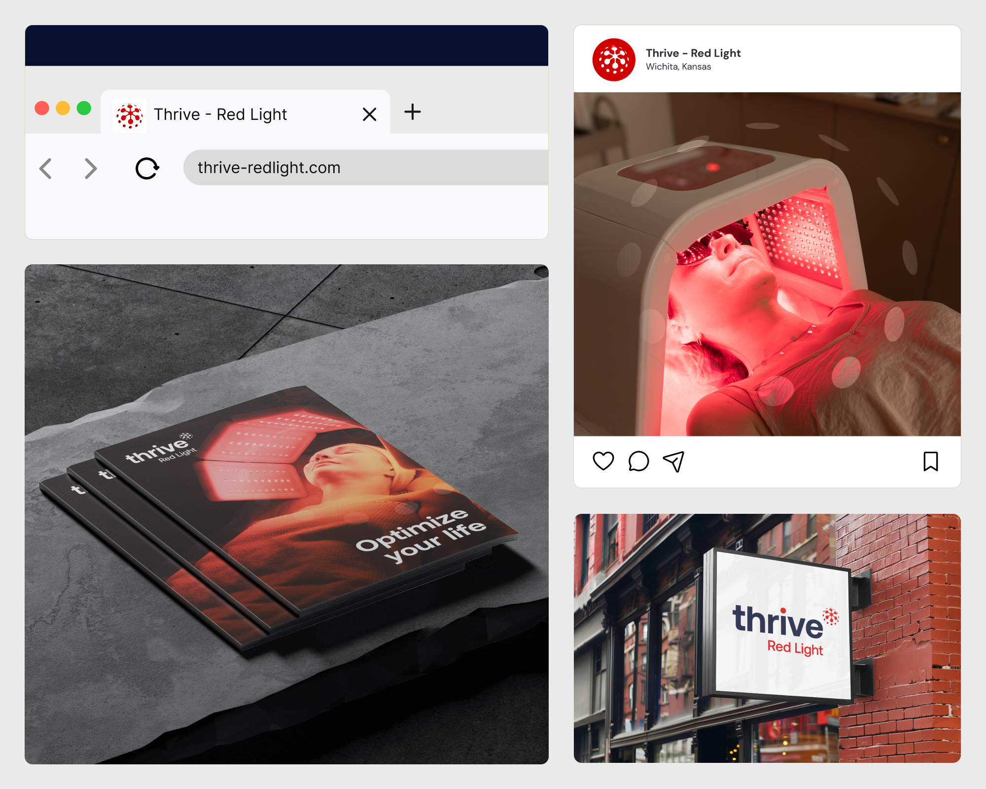 Original Thrive applications across browser tab, brochure, Instagram and signage