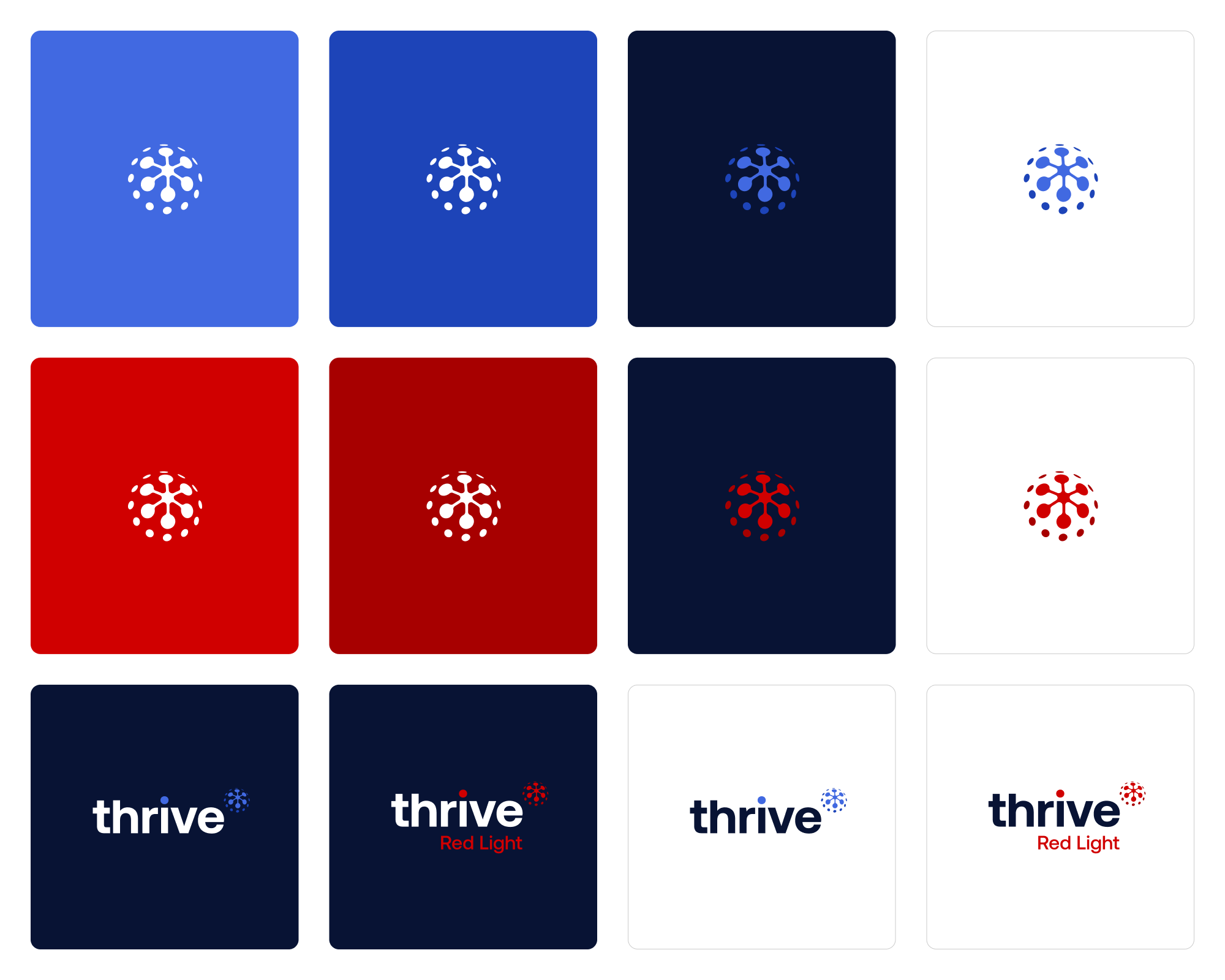 Original Thrive symbol and wordmark colour variants on light and dark backgrounds