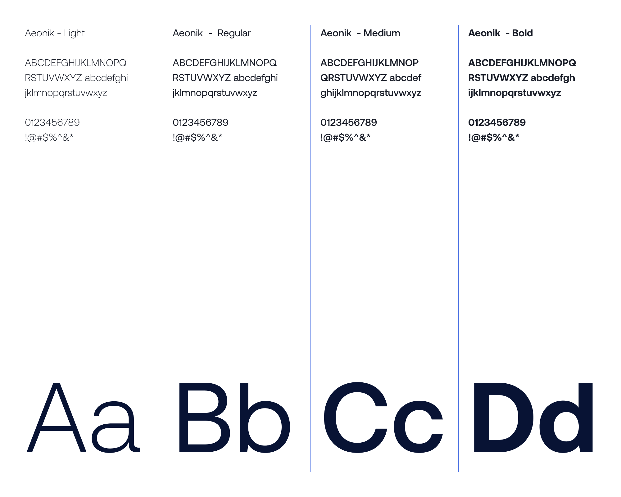 Original Aeonik typography specimen in Light, Regular, Medium and Bold