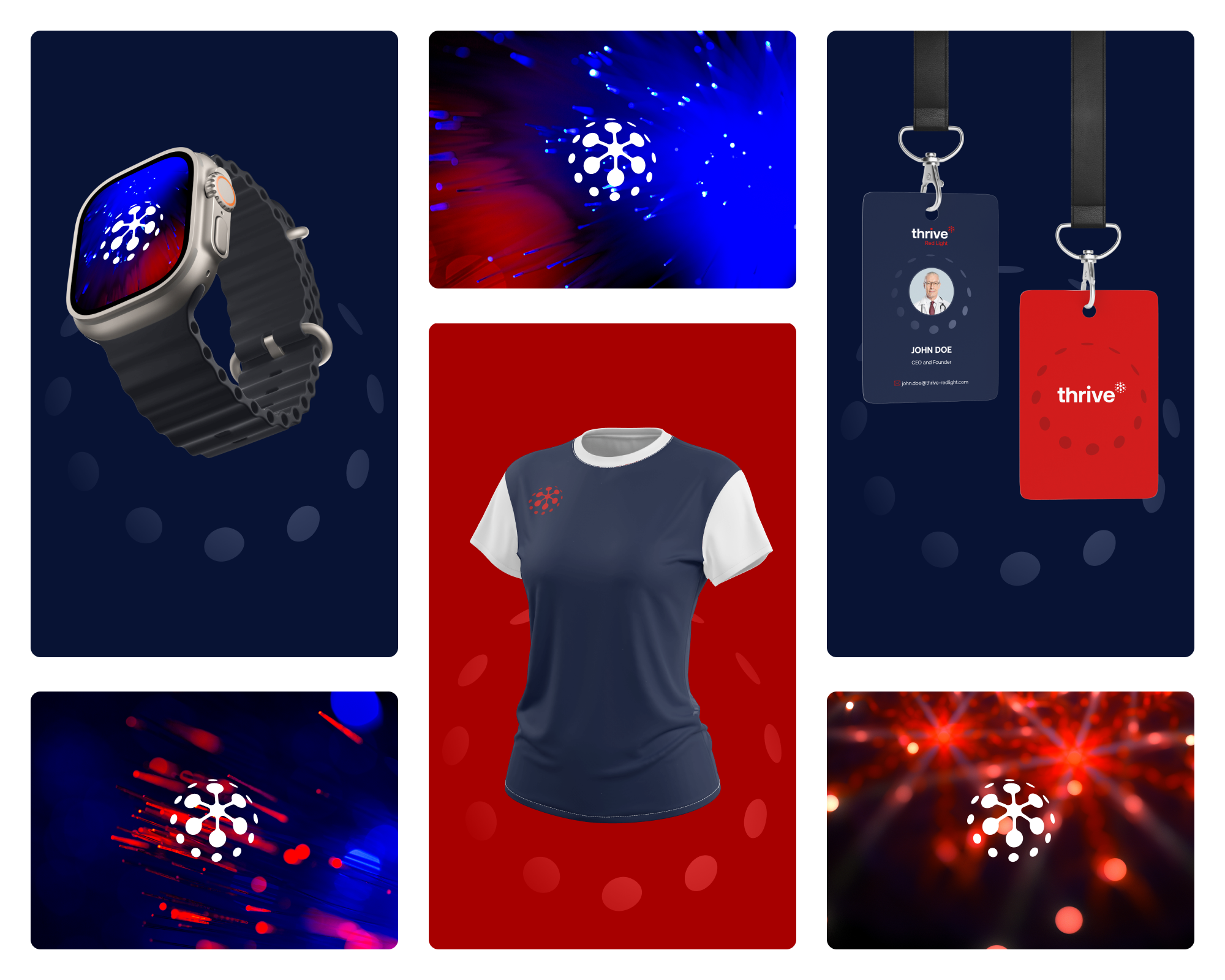 Original Thrive watch, lanyard and T-shirt mockups with the identity applied