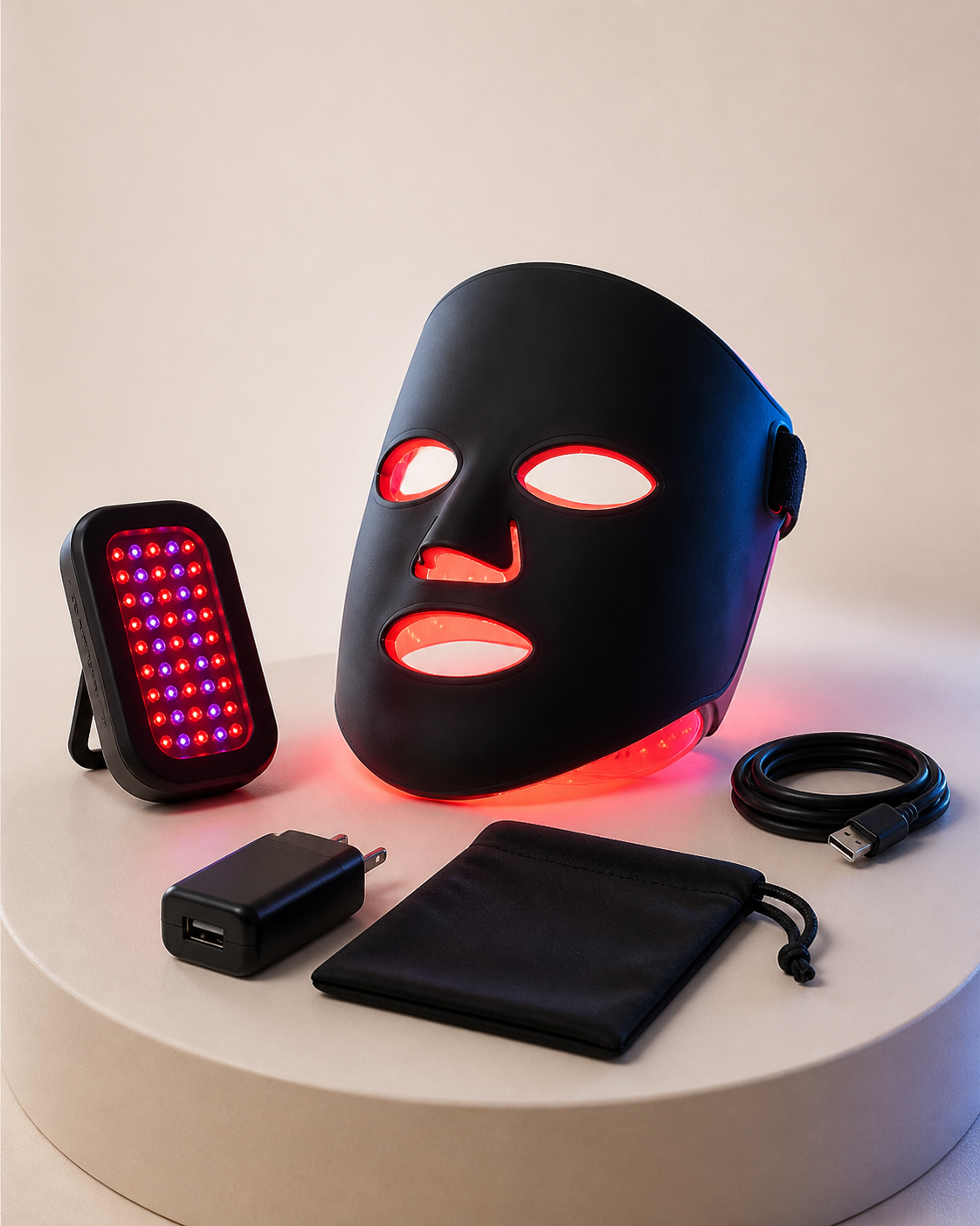 Thrive red light face mask product kit with controller, charging cable and storage pouch