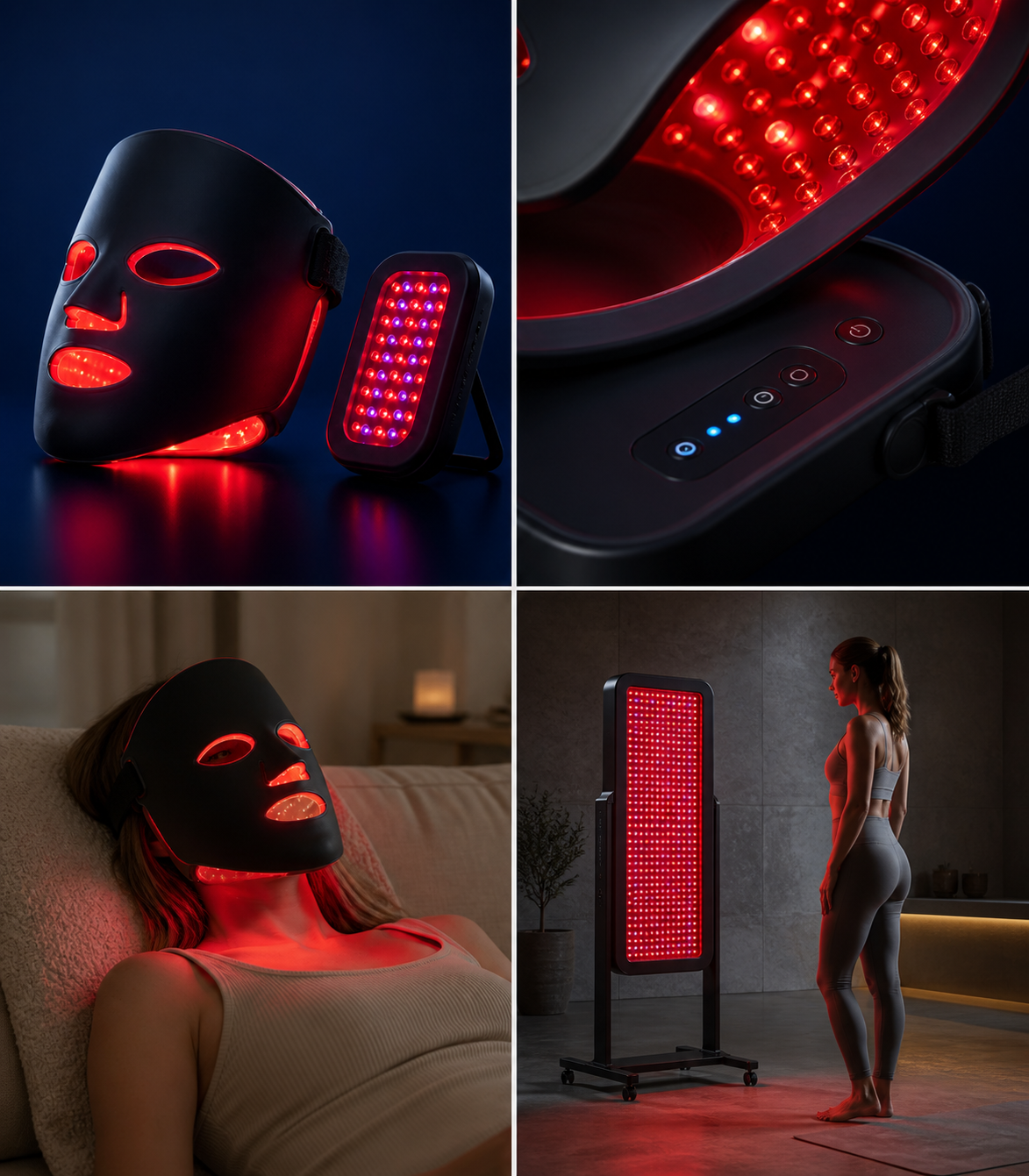Four-part Thrive product photography system showing product recognition, material detail, home treatment and full-body scale