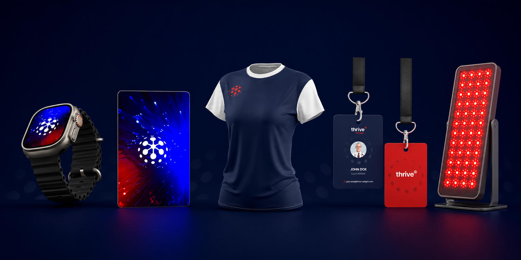 Wide Thrive Red Light identity panorama with wearable, digital card, apparel, staff badges and therapy device
