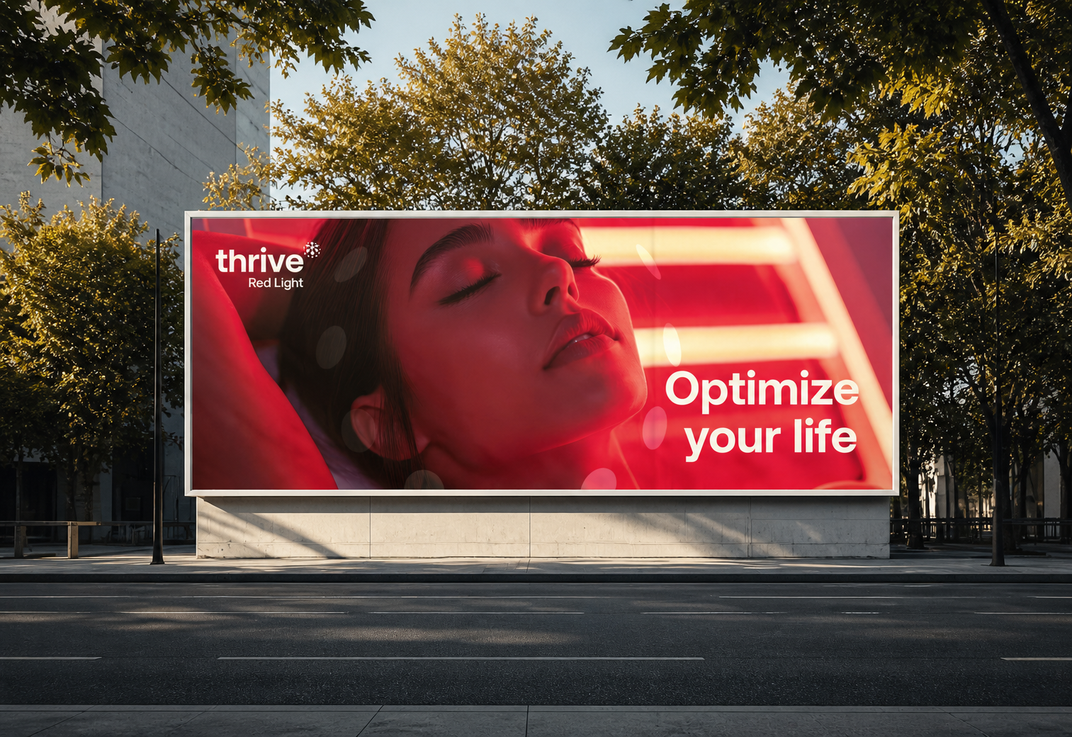 Complete Thrive Red Light billboard application recomposed for the case-study frame