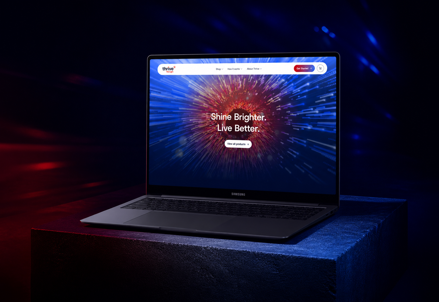Complete Thrive Red Light Shopify launch presentation with the full laptop visible