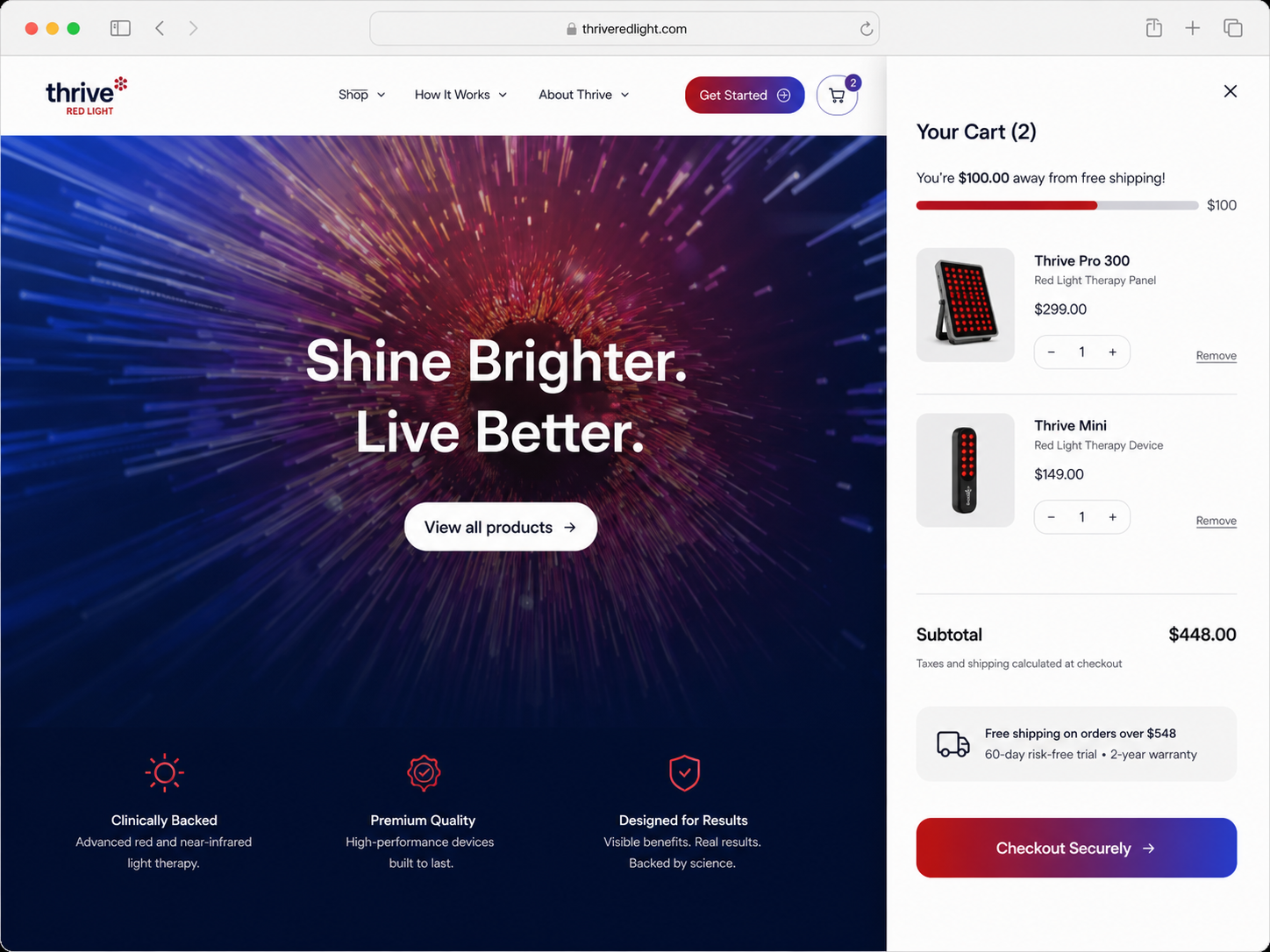 Thrive Red Light Shopify homepage with the shopping cart drawer open on the right