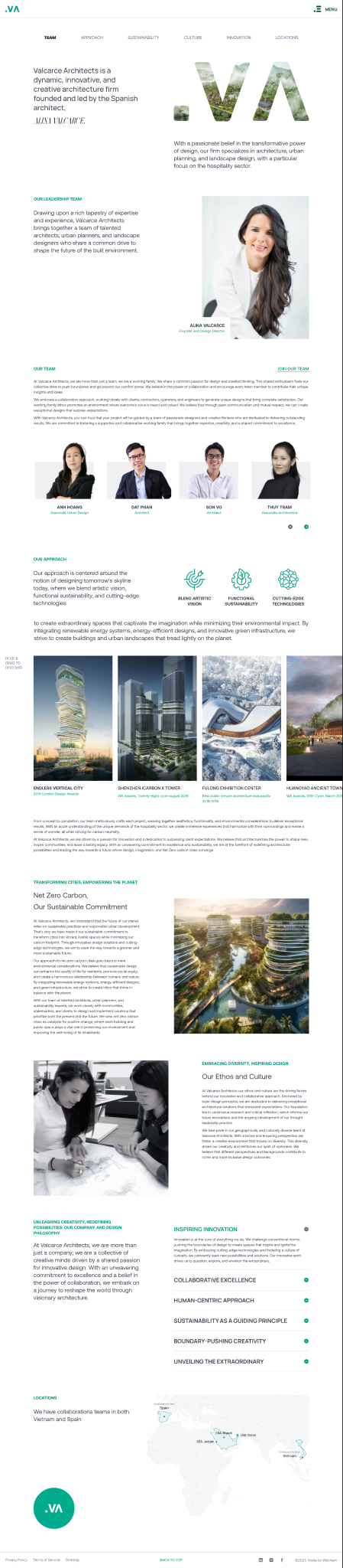Long-form Valcarce Architects About page showing the editorial layout