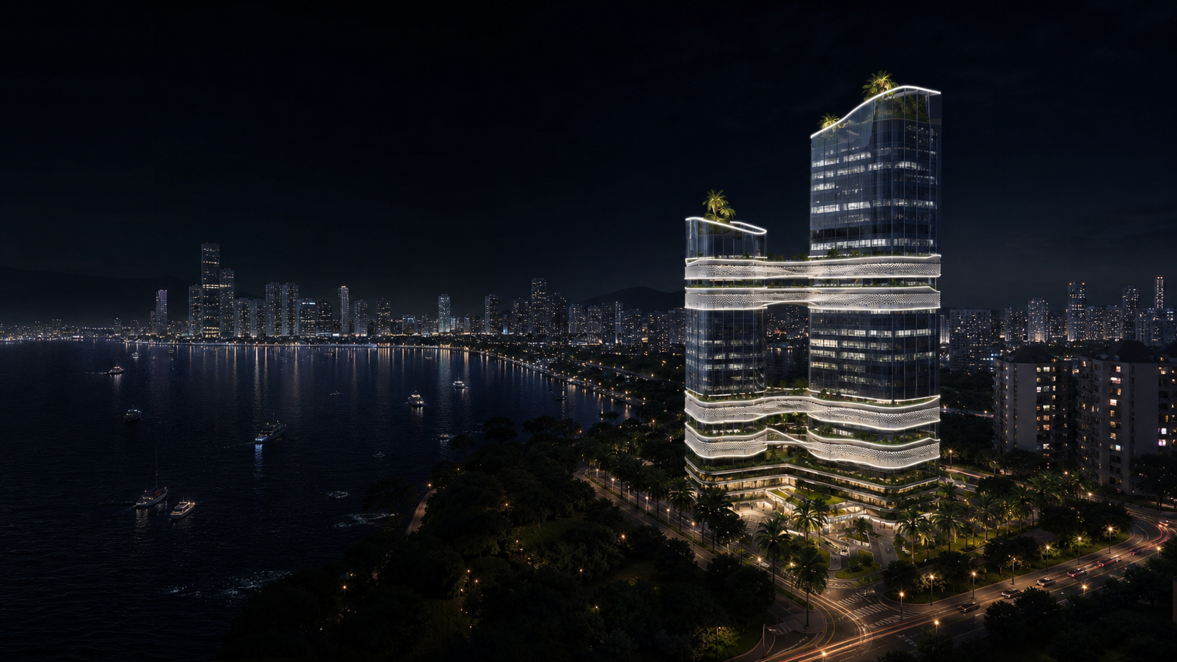 Valcarce illuminated coastal tower and skyline at night