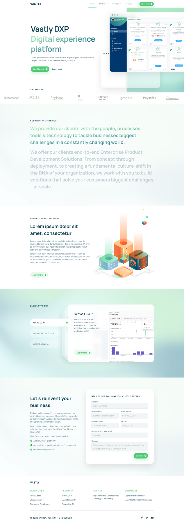 Vastly website direction showing platform story, product modules and consultation form