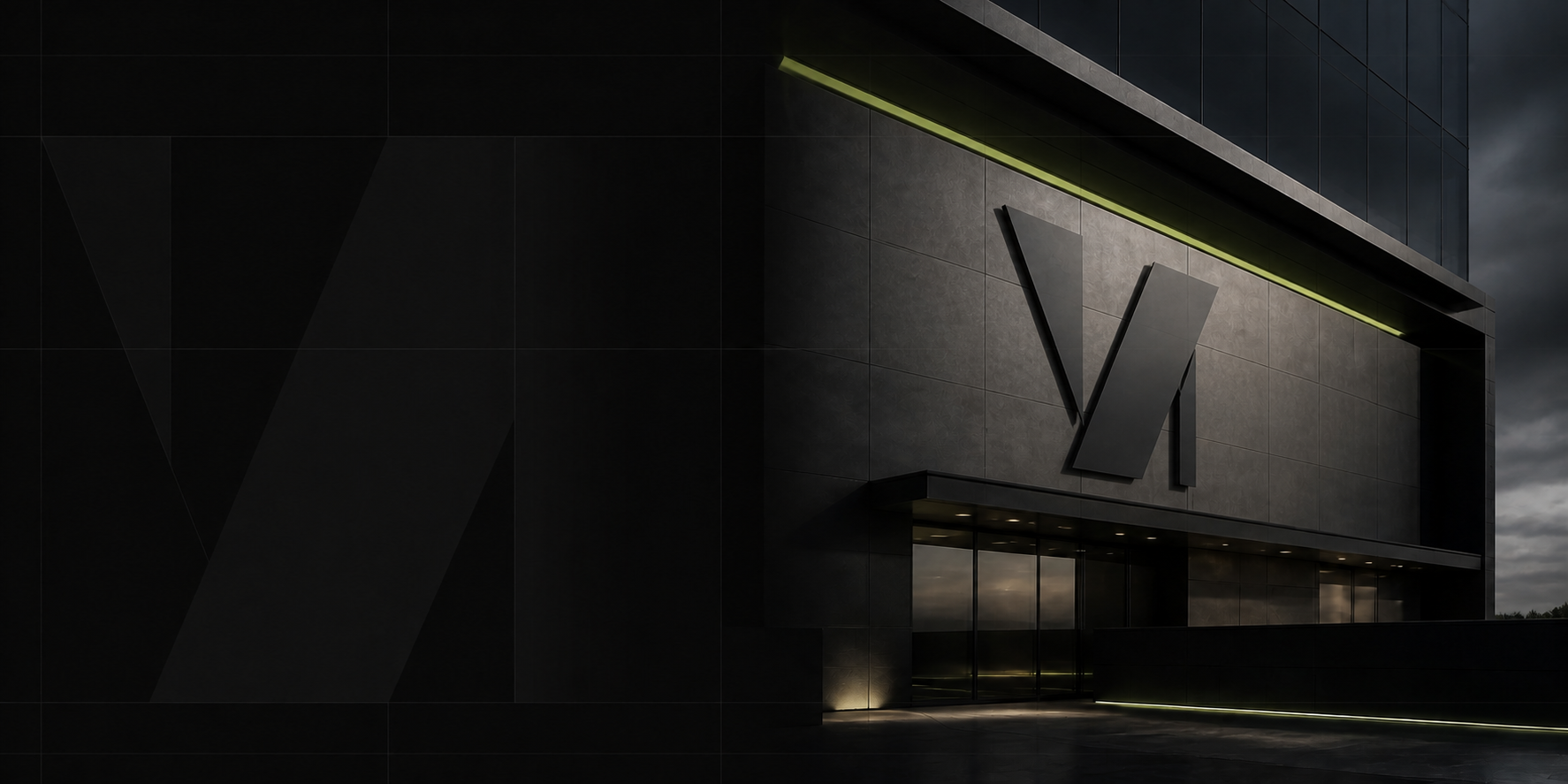 Webnem geometric monogram integrated into a dark modern architectural facade