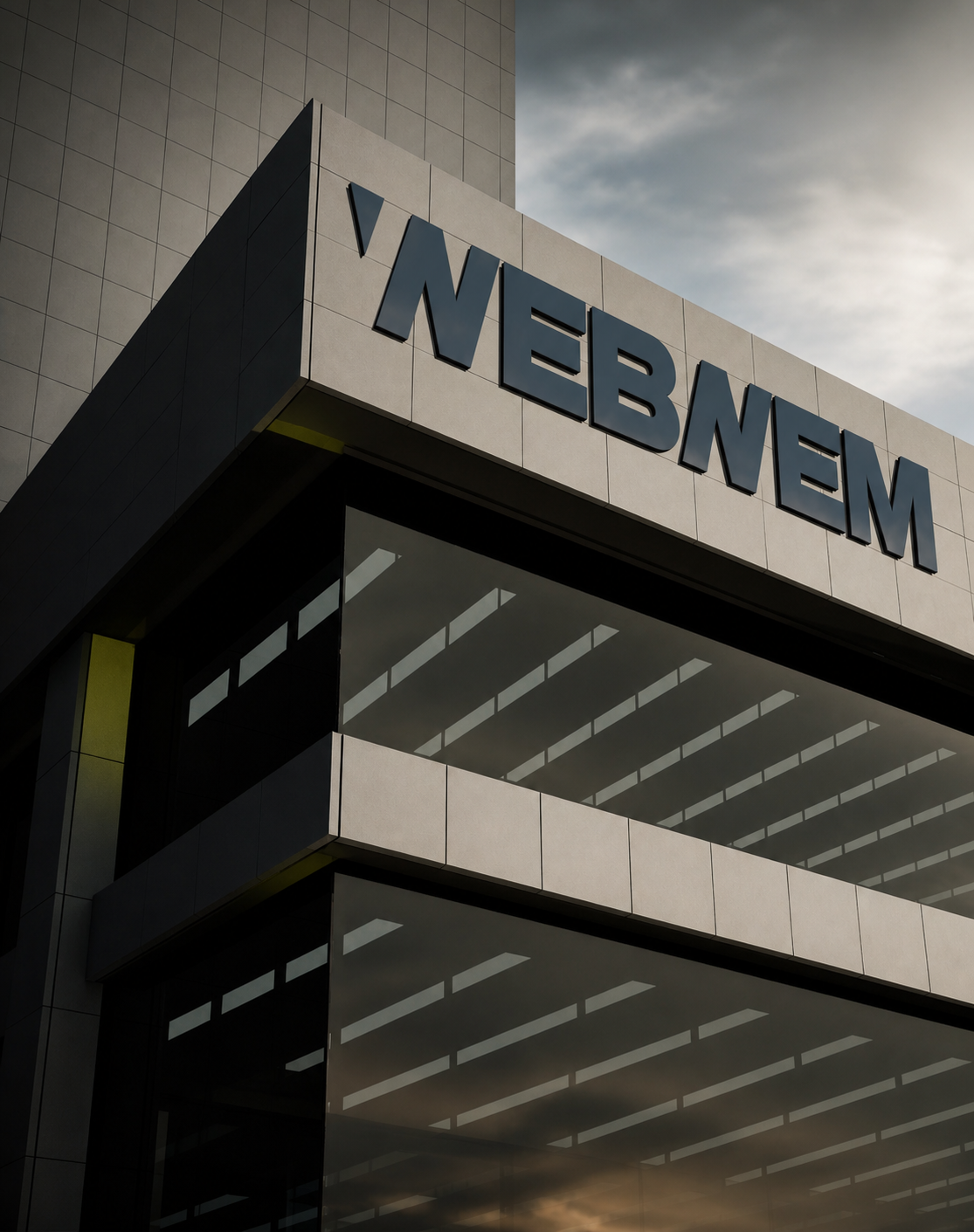 Webnem identity on a cinematic architectural facade