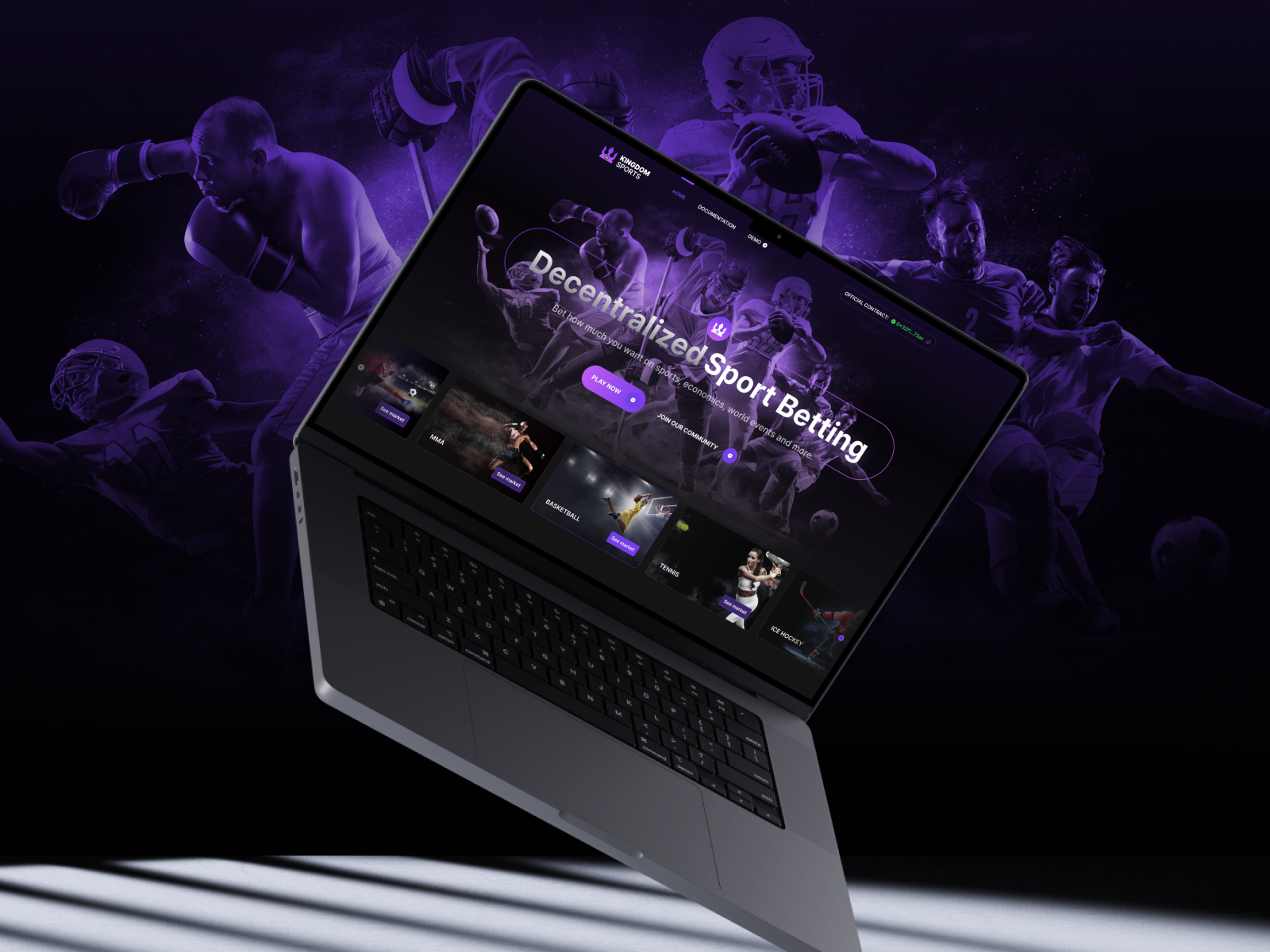 Kingdom Sports decentralized betting platform presented in a cinematic sports environment