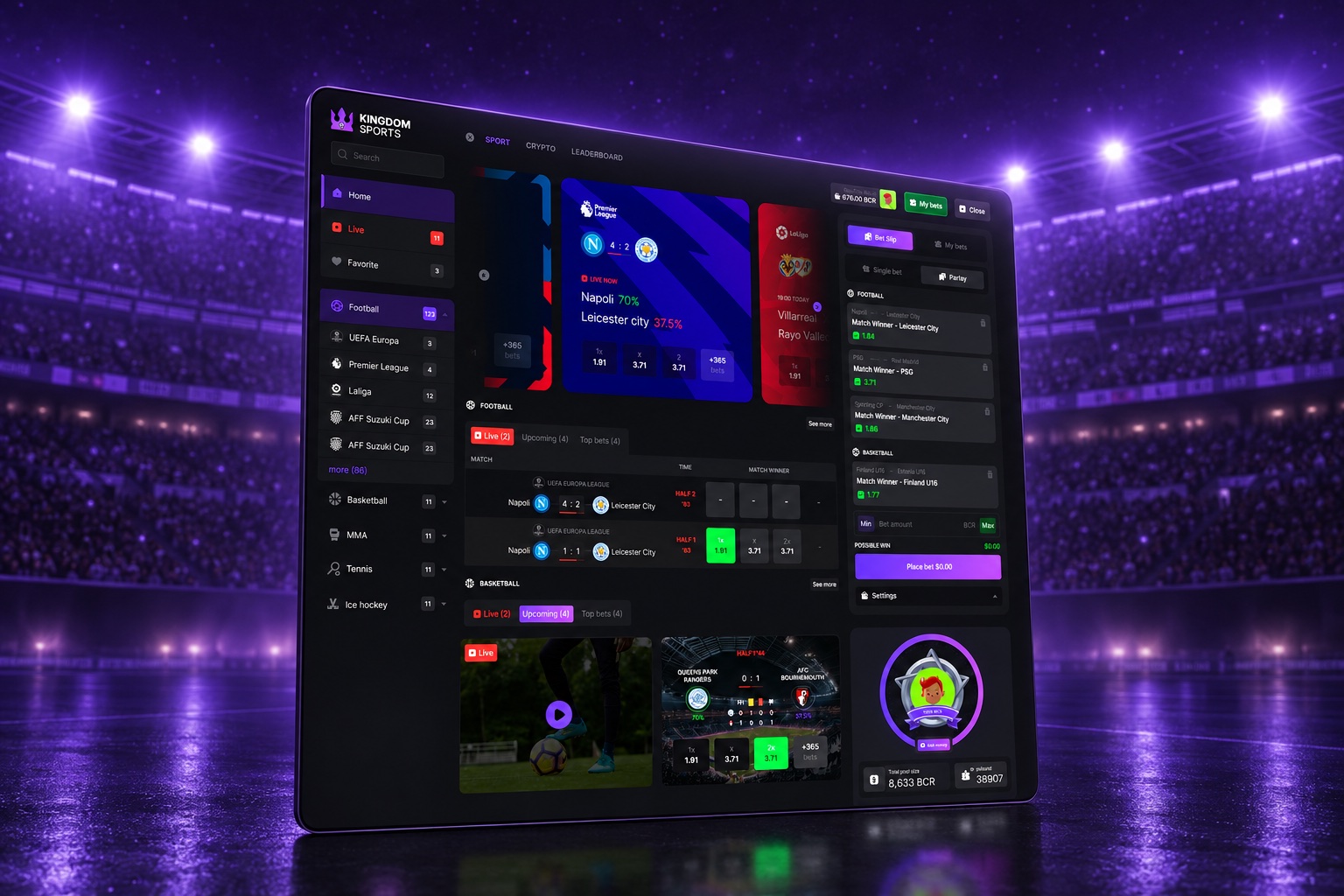 Kingdom Sports interface in a purple stadium presentation